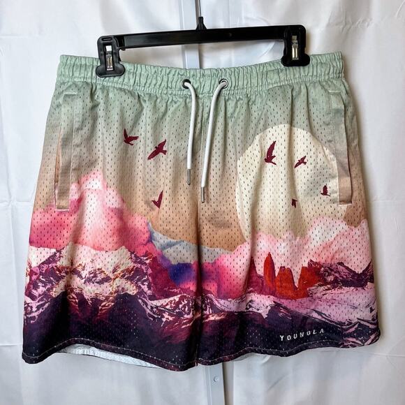 YOUNGLA 141 The Block Party Shorts Sedona Sunrise XXL Heavy Mesh Drawstring Art - Picture 2 of 9